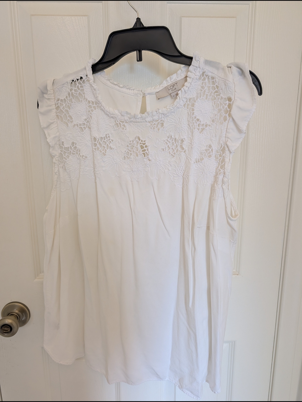LOFT White Lace Yoke Ruffle Sleeve Top